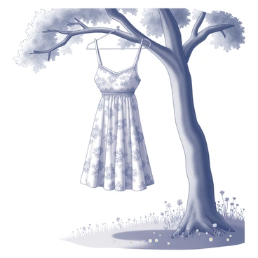 A floral chemise is hanging gracefully from a sturdy tree branch. The fabric is adorned with intricate floral patterns, showcasing a variety of blossoms. The tree branch is thick and textured, contrasting with the delicate nature of the chemise. Below, the meadow is filled with lush grass and scattered wildflowers, swaying gently in a light breeze. Sunlight filters through the leaves, casting soft shadows on the ground and illuminating the scene with a warm glow.