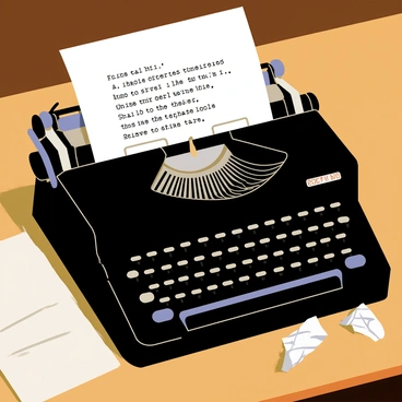 A close-up of an old typewriter with a black body and vintage keys. The typewriter is positioned on a wooden desk, showing intricate details like rust and wear on its surface. In the paper feed, a sheet of white paper is partially inserted, displaying unfinished phrases typed in faded black ink. A few crumpled sheets of paper are scattered nearby, hinting at the writer's creative process. The scene is illuminated by soft, warm light, creating shadows that enhance the textures of the typewriter and desk.