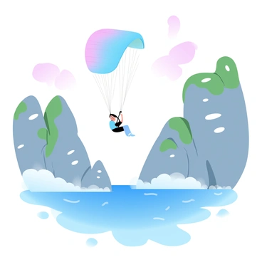 A paraglider in a colorful canopy is soaring high above towering coastal cliffs. The cliffs are rugged with patches of green vegetation and streaks of white where seabirds nest. Below, waves crash against the rocks, creating a frothy shoreline. The paraglider is maneuvering gracefully amid updrafts, with the sun casting soft pastel shades across the sky. The scene captures the dynamic movement of the paraglider against the vast expanse of the ocean below.