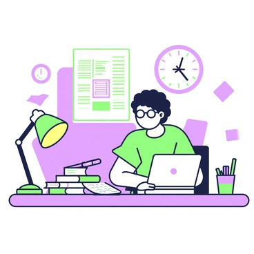 A student is sitting at a wooden desk late at night. The desk is cluttered with open textbooks, a notebook filled with handwritten notes, and a purple pen lying sideways. A desk lamp with a warm glow illuminates the scene, casting green shadows on the wall behind. The student has curly hair, wearing glasses, and is focused on a laptop screen displaying study materials. A cup filled with green pencils is positioned next to the laptop, and a clock on the wall shows it is late at night. The room has a few scattered papers and a comfortable chair pushed slightly back from the desk.