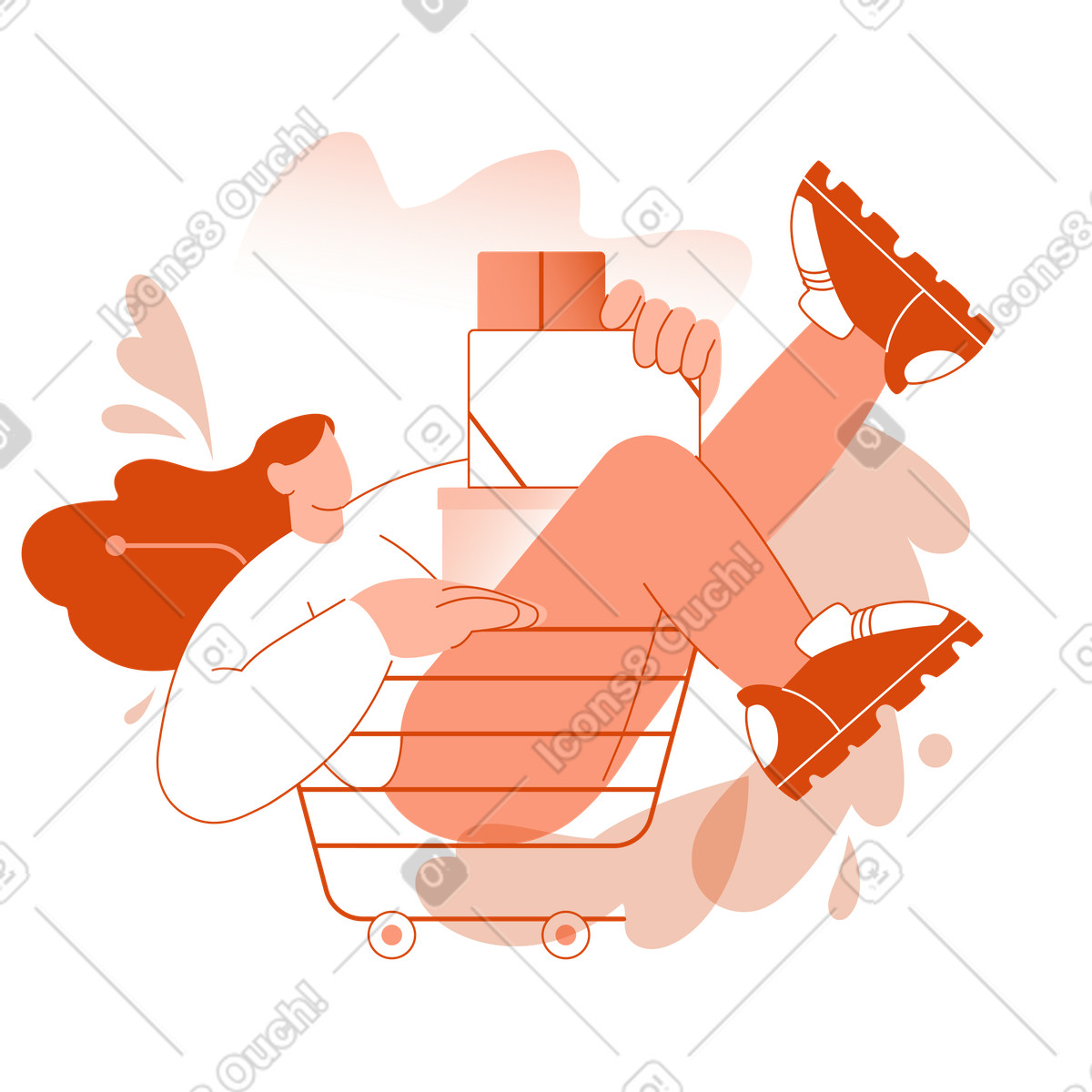 Person with purchases sitting in shopping cart, retail customer experience and fun illustration Orange style download PNG, SVG