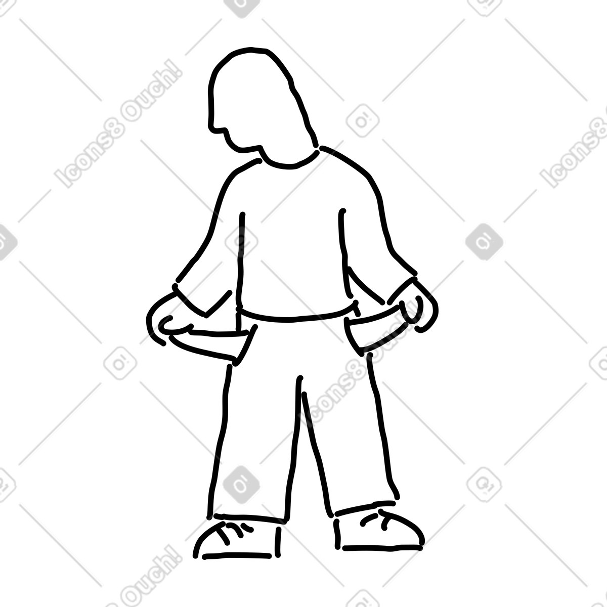 Rough Sketch スタイルの Poverty character holding empty pockets symbolizing financial hardship and debt のイラストをPNG、SVG形式でダウンロード