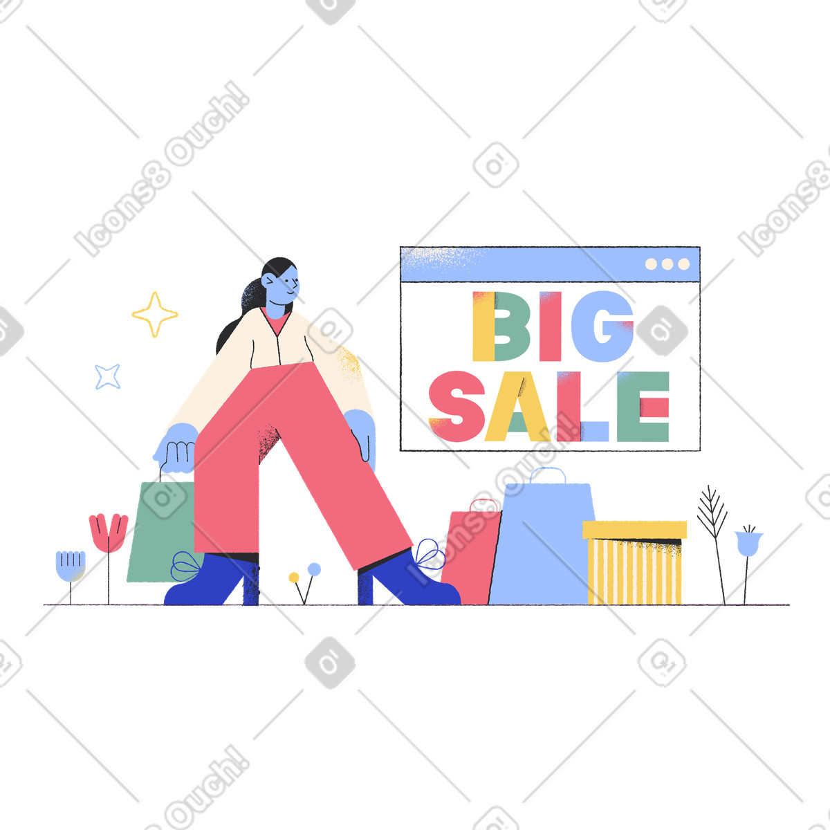 Lettering Big Sale and a girl with shopping bags illustration in Pablo style download in PNG, SVG