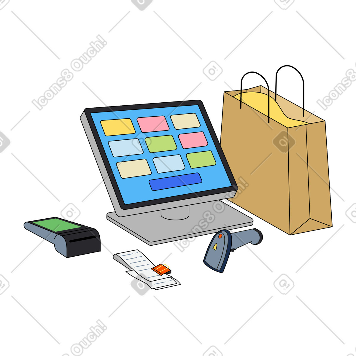 Ilustración Sistema pos, compra, recibo en estilo Kindy a descargar en PNG y SVG