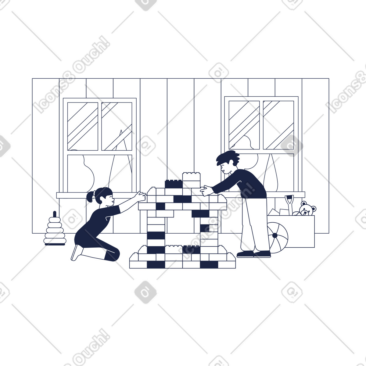 Siblings playing with construction blocks, Educational playtime and imagination illustrazione in stile Urban Line scarica in PNG, SVG