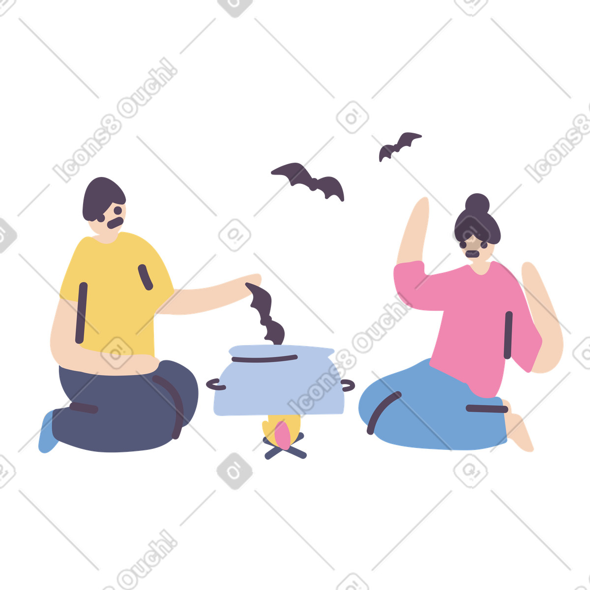 Illustration Touristes essayant de préparer le dîner dans style Pluto à télécharger aux formats PNG, SVG