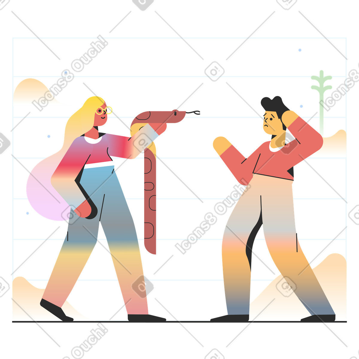 Ilustración Mujer sorprende a un hombre con serpiente en estilo Marginalia descargar en PNG y SVG