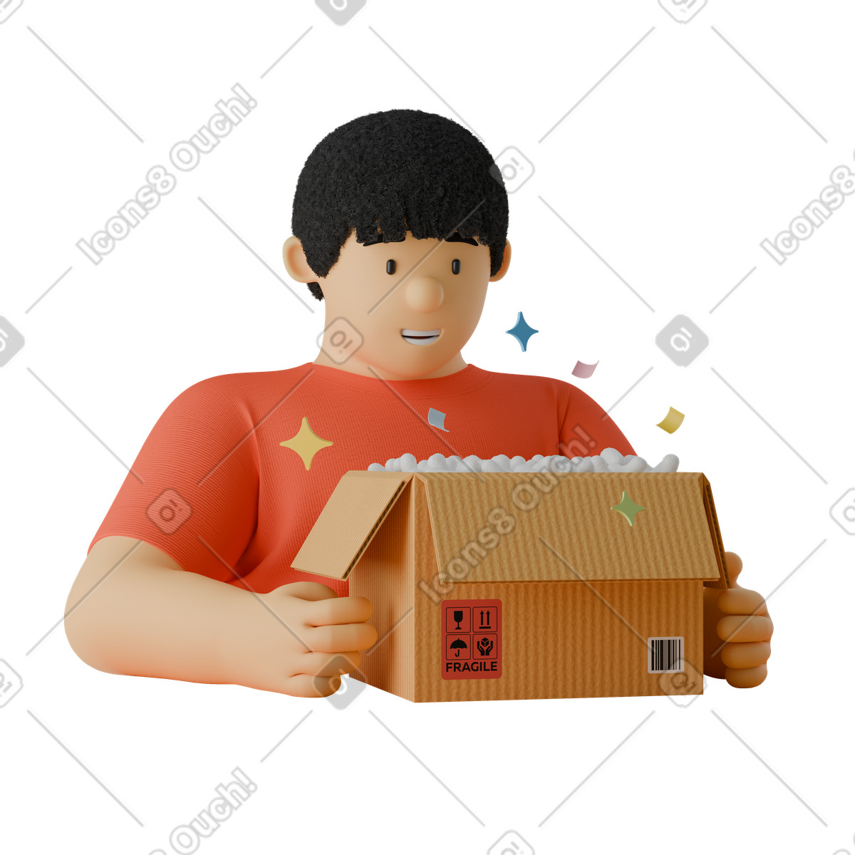 Ilustración Desembalaje de caja cartón con cacahuetes embalaje, experiencia entrega y en estilo 3D Kindy a descargar en PNG SVG