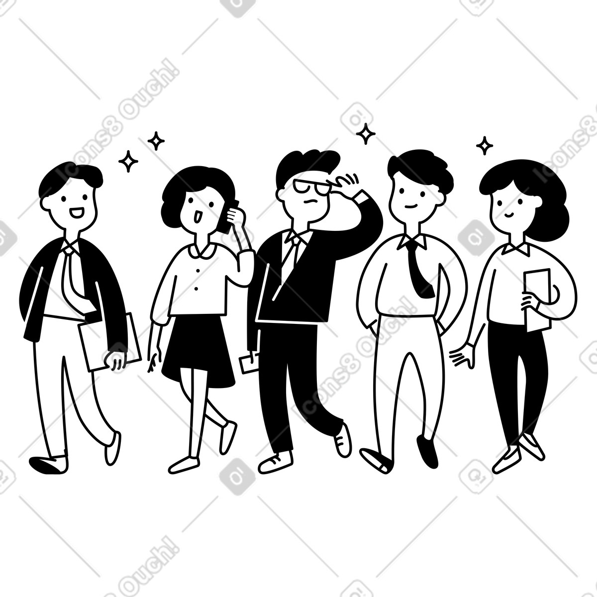 Notion Line Art 스타일의 Office colleagues walking confidently wearing ties and holding papers 일러스트레이션 PNG, SVG 다운로드