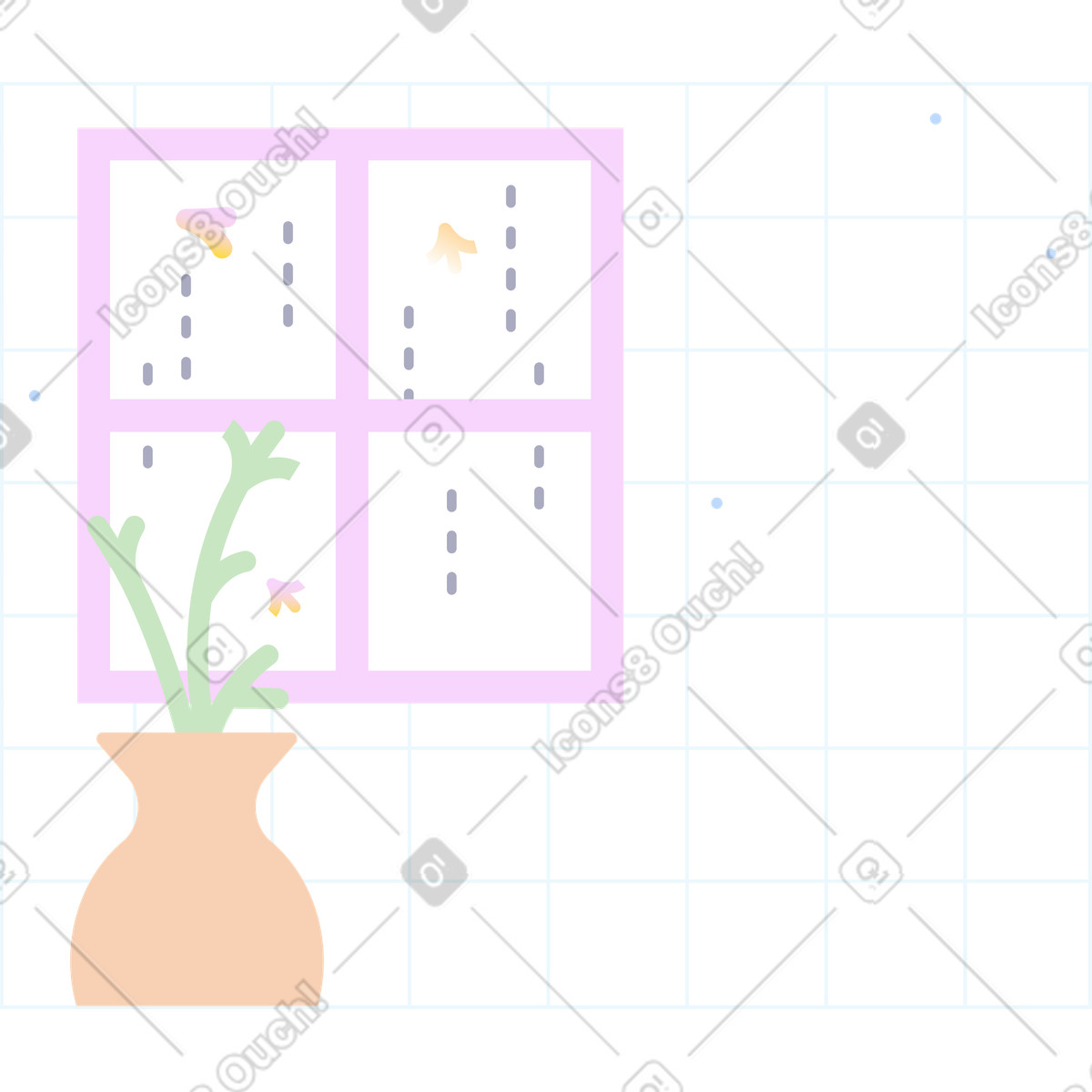 Marginalia スタイルの Background checkered with a window and flower のイラストをPNG、SVG形式でダウンロード