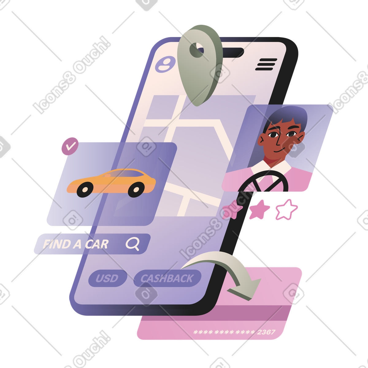 Ilustração animada de Pedir um táxi usando aplicativo móvel em no estilo Coworking para baixar em GIF, Lottie (JSON), AE