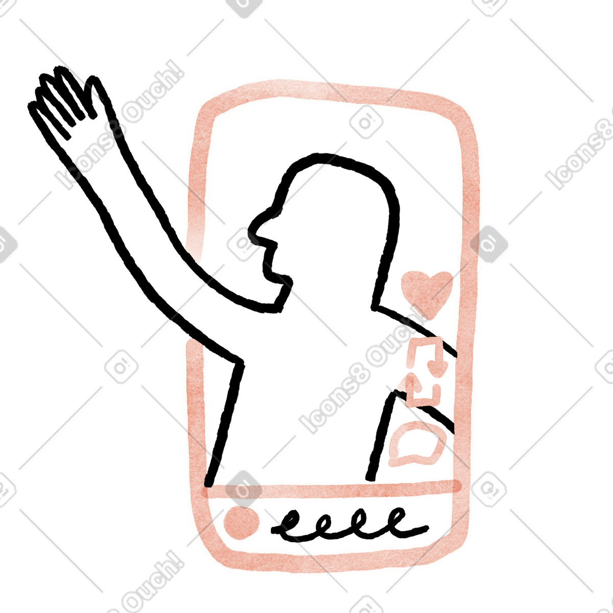 Ilustración Online influencer silhouette streaming through mobile phone with reaction icons en estilo Anthropic Claude Hand Drawn a descargar en PNG y SVG