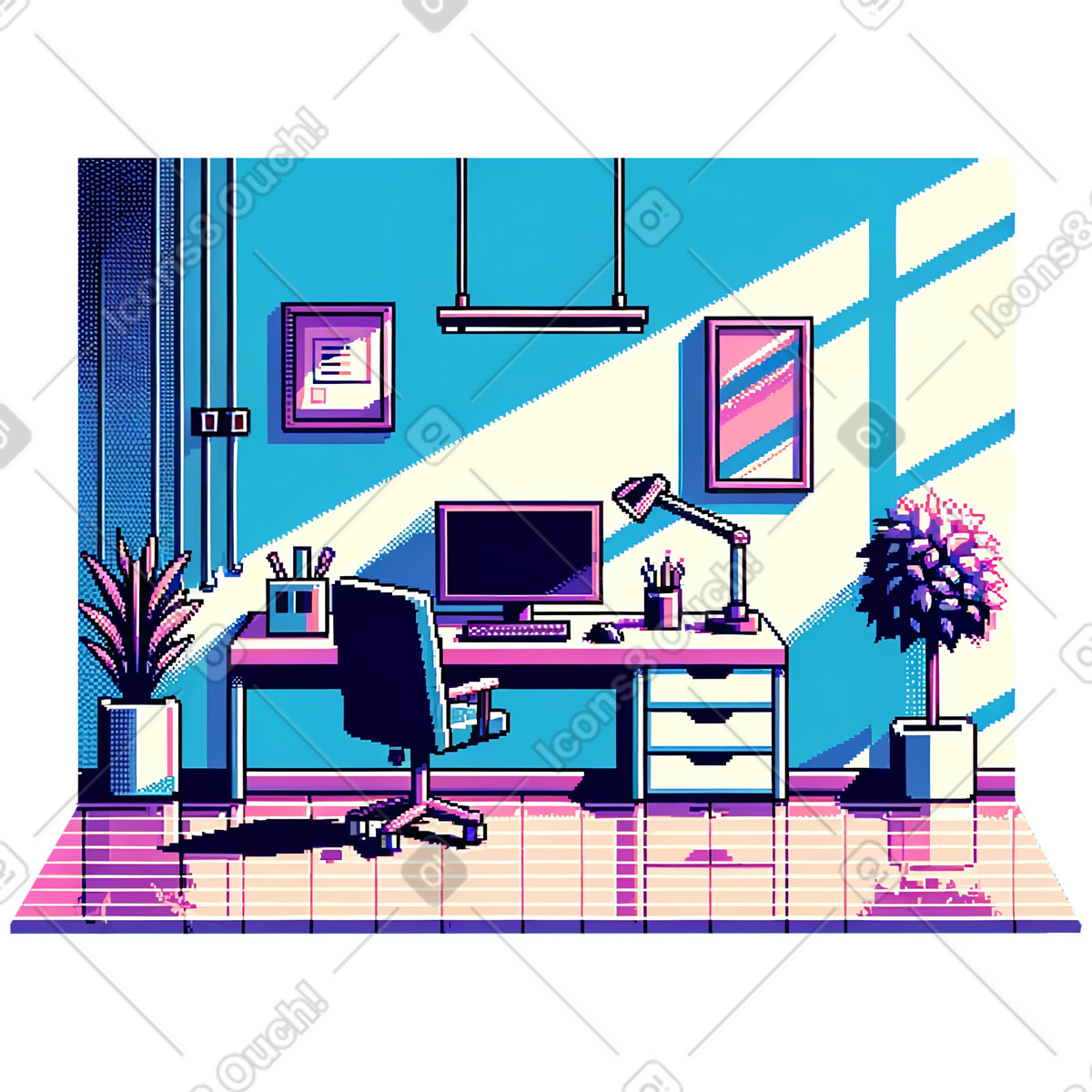 Pixel background of a workspace in home office illustration in PNG, SVG