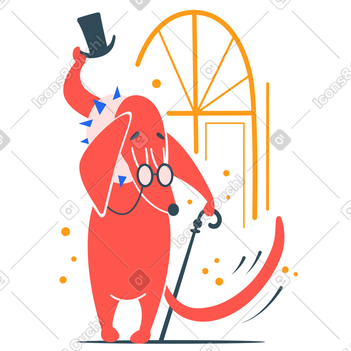 Dog with cane taking off a top hat illustration in Kingdom style download in PNG, SVG