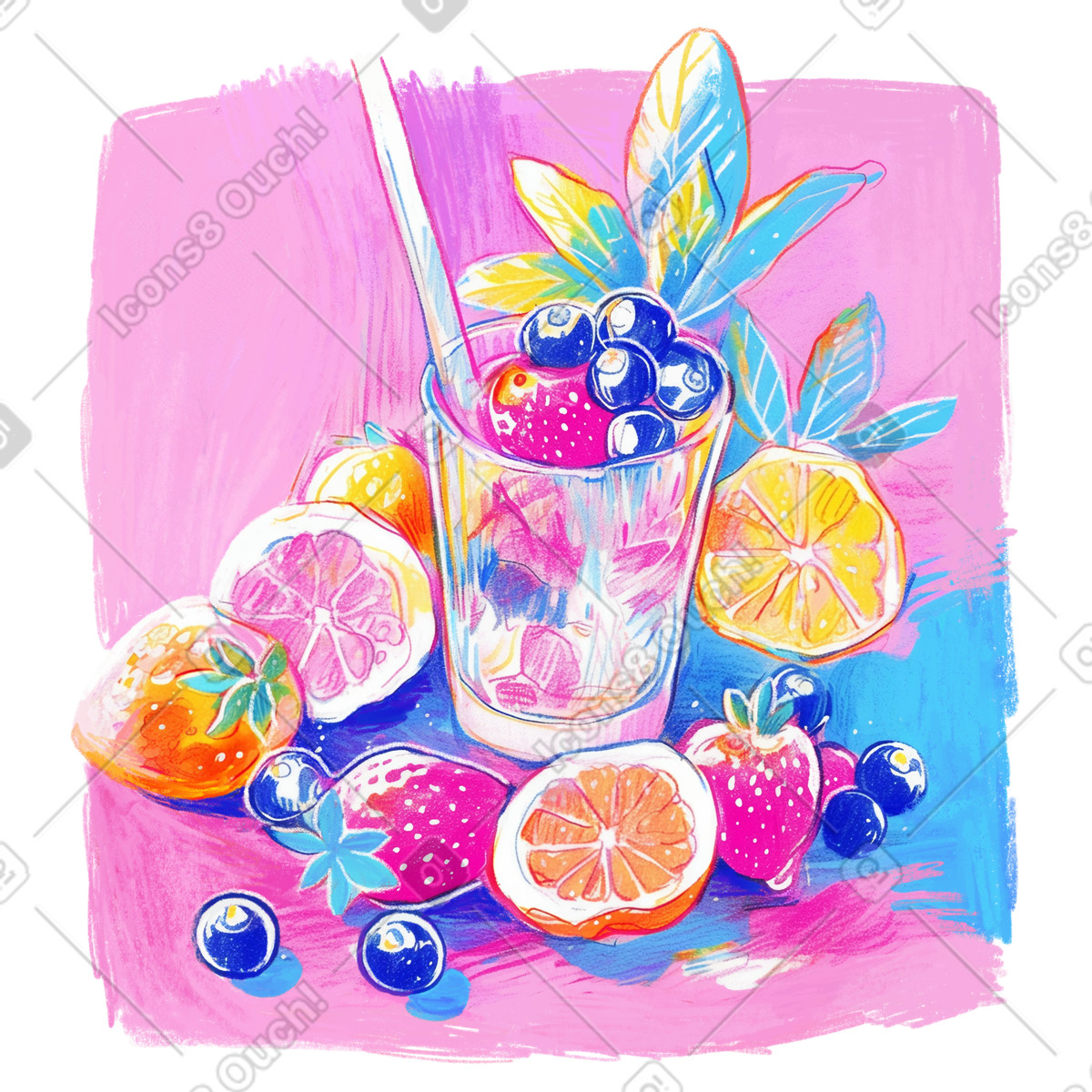 Pencil drawing of citrus fruit and berries for cocktail illustration in Fuchsia style download in PNG, SVG