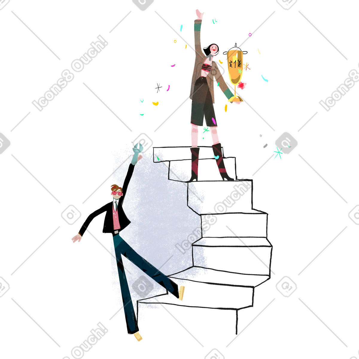 Uomo e donna di successo sulle scale come lavoro squadra illustrazione in stile Fabulous scarica in PNG, SVG