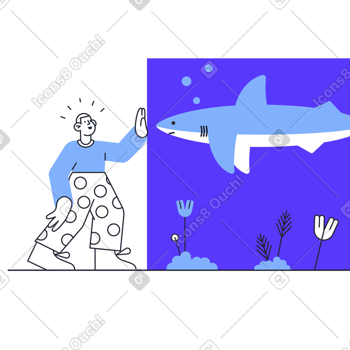 Illustration Homme observant le requin par verre dans l'oceanarium style Pablita à télécharger aux formats PNG, SVG
