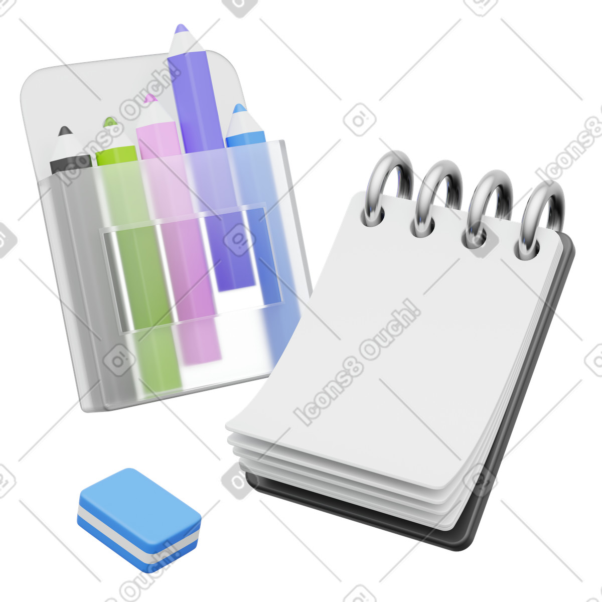 Ilustração de Blank notebook with pencils ready for drawing and notes em no estilo 3D Playful para baixar em PNG, SVG