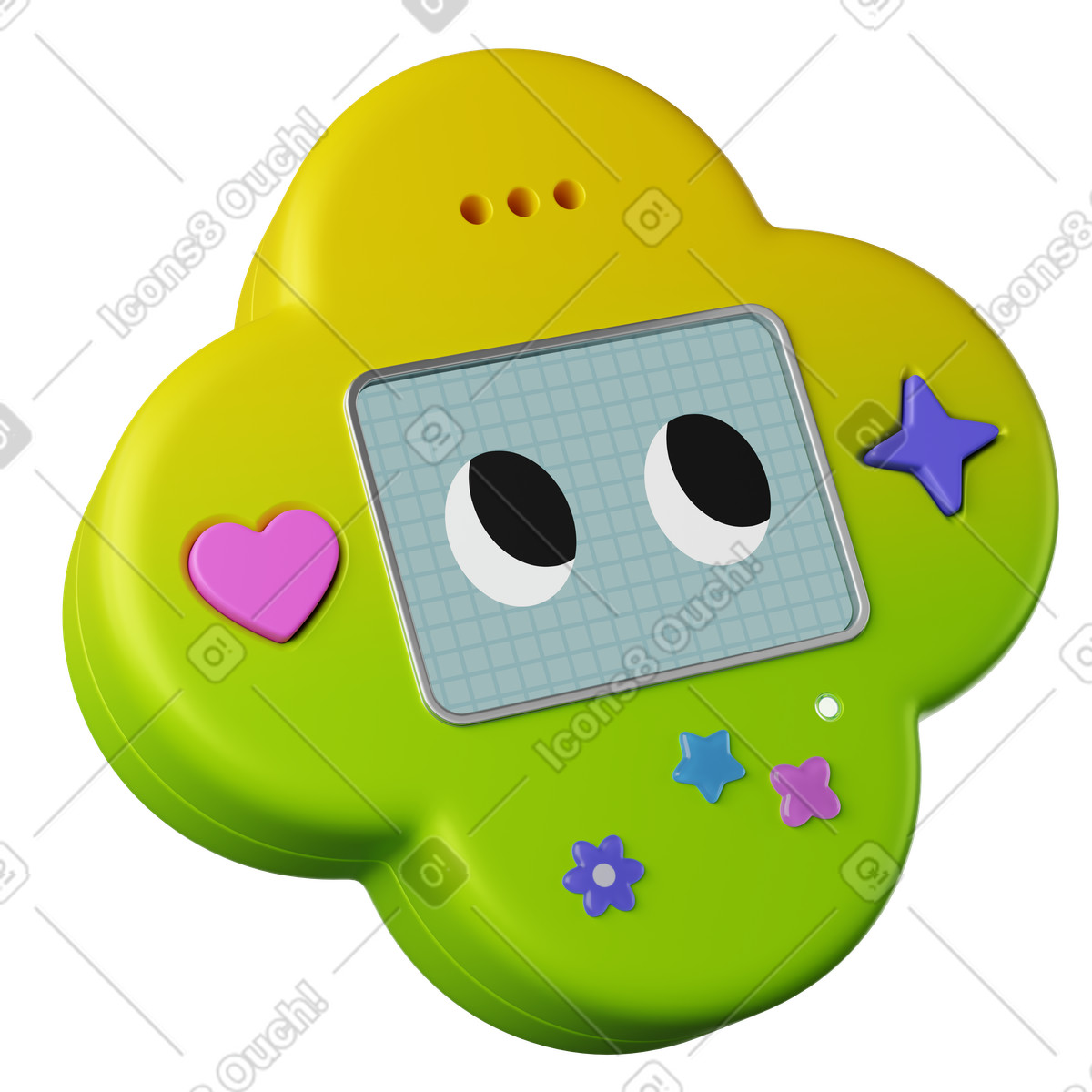 Illustration Jouet assistant ia en forme de trèfle avec écran et boutons dans le style 3D Plastic à télécharger aux formats PNG, SVG