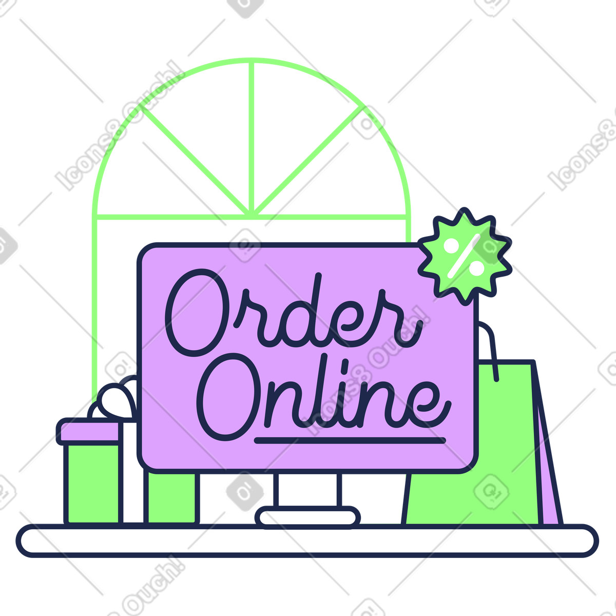 Outline 스타일의 Order online lettering on computer with gifts, E-commerce discount concept 일러스트레이션 PNG, SVG 다운로드