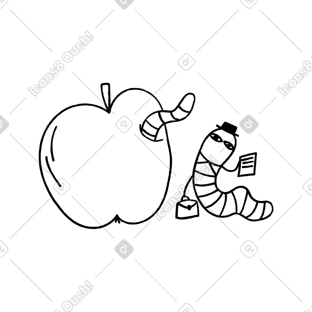 Wurm mit aktenkoffer und dokumenten neben apfel-Illustration im Cole-Stil als Download in PNG, SVG