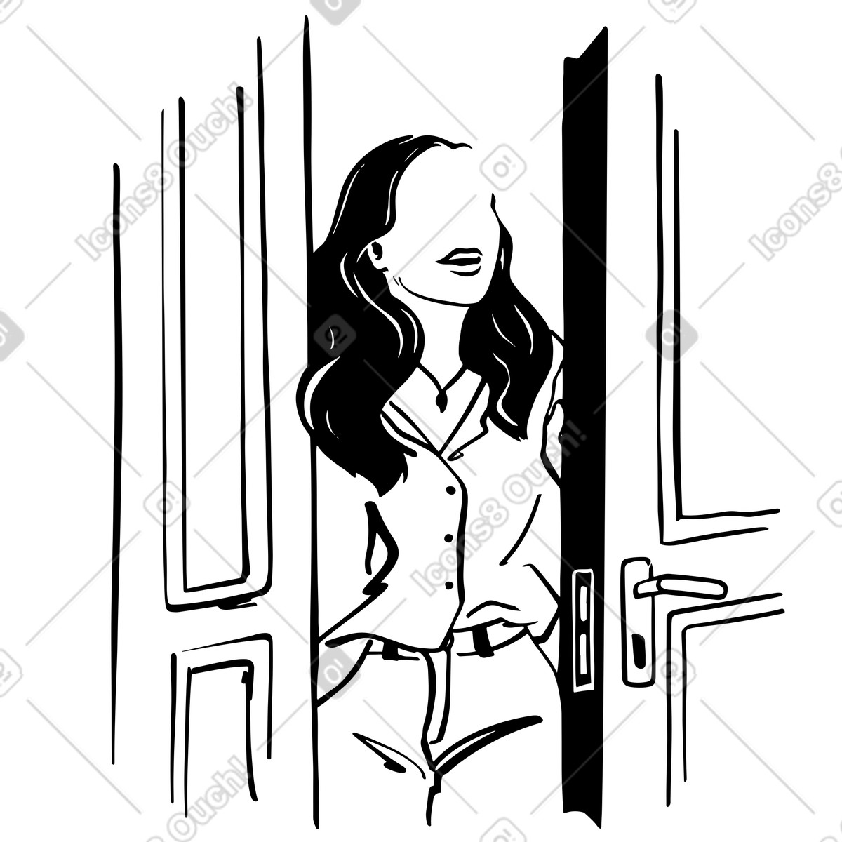 Woman walking through door illustration in Line style download in PNG, SVG