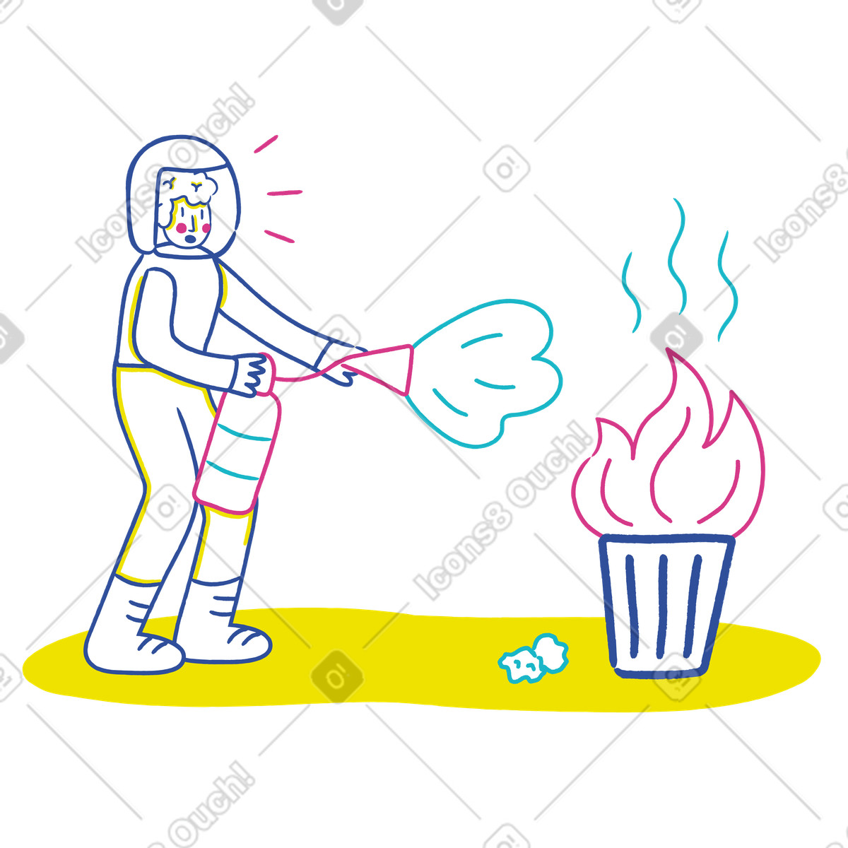 Lime スタイルの 消防士がゴミ箱の火を消す のイラストをPNG、SVG形式でダウンロード