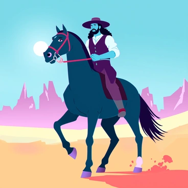 Gabbar Singh, a tall man with a rugged appearance and long black hair, is riding a powerful black stallion through a vast desert landscape. The horse has a muscular build and kicks up clouds of golden sand with each galloping stride. Gabbar has a determined look on his face, his brows furrowed and his jaw set, wearing traditional attire that includes a dark vest and a wide-brimmed hat. The sun is high in the sky, casting sharp shadows on the dunes, and jagged rock formations can be seen in the distance, creating a stark contrast against the blue sky.