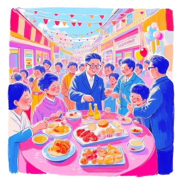 A scene depicts Kim Jong Un at a local festival. He is wearing a dark suit and glasses, smiling as he interacts with festival-goers. There are colorful game booths with prizes, and people are playing games like ring toss and balloon darts. In the foreground, a table is filled with various traditional foods, including skewered meats and vibrant pastries. Decorations in the form of red and yellow banners hang above the crowd, adding to the festive atmosphere. Children are laughing and running around with balloons in their hands.
