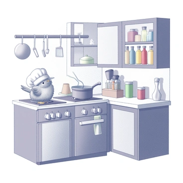 A small kitchen filled with various cooking utensils and ingredients. A bird with fluffy feathers is wearing a white chef hat. The bird is perched on the counter, concentrating on stirring a pot on the stove. The kitchen features wooden cabinets, a small window, and a colorful assortment of spices lined up on the shelves. The scene captures the bird's focus as it engages in the cooking process, showcasing a lively and whimsical atmosphere.