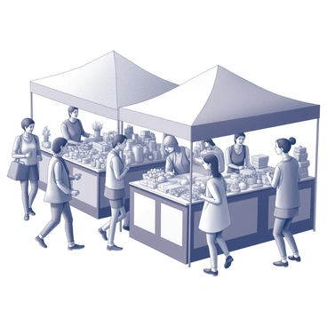 A busy market scene filled with various stalls displaying a range of goods. Each stall is uniquely designed, showcasing fruits, vegetables, and handmade crafts. People are walking around, engaged in conversations, with some examining items for sale. The expressions of the individuals reflect joy and excitement, creating a lively atmosphere. Some shoppers are holding bags filled with their purchases, while vendors interact with customers, presenting their products enthusiastically.