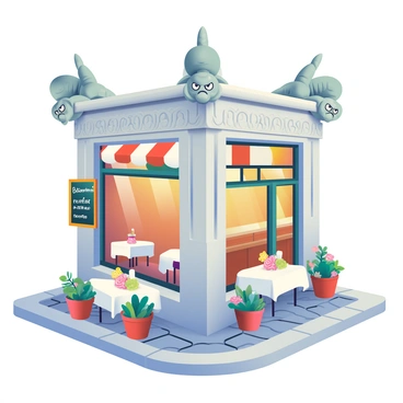 A small street café is nestled on a cobblestone corner, featuring several tables with white tablecloths and colorful flower centerpieces. The café's facade is adorned with intricate carvings, and stone gargoyle statues are integrated into the décor, perched on the edges of the roof and the corners of the building. The gargoyles have expressive faces, with some appearing whimsical and others more serious. Potted plants in vibrant colors line the entrance, and a chalkboard sign displays the daily specials. Warm light spills from the café windows, illuminating the cozy atmosphere inside.
