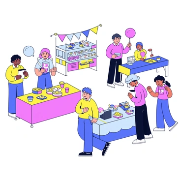 A group of volunteers setting up colorful booths for a community fair. Each booth is decorated with bright banners and balloons. One volunteer is arranging tables filled with snacks and drinks, while another is hanging decorations. A third volunteer is preparing a small stage area with a microphone and speakers. In the background, there are fun activity stations with games and crafts being set up, with cheerful expressions on the volunteers' faces as they collaborate to create a festive atmosphere.