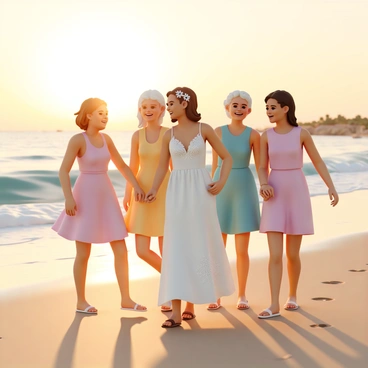 A bride-to-be, wearing a flowing white dress with delicate lace details, is walking barefoot along the beach at sunset. Her hair is styled in loose waves, adorned with small white flowers. She is surrounded by three friends, each wearing colorful summer dresses, laughing and enjoying the moment. The sun is setting on the horizon, casting a warm golden light that reflects on the water and the sandy beach. The waves gently lap at their feet as they walk, leaving footprints in the sand. The scene is full of joy and celebration.