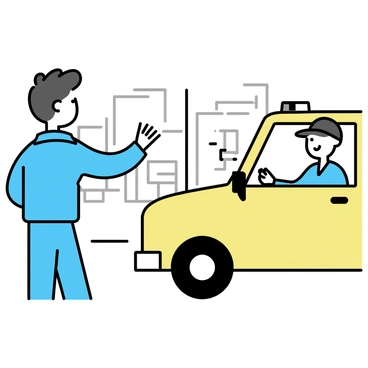 A person standing outside a yellow taxi, using hand gestures to communicate through the open driver's side window. The taxi driver, wearing a cap, looks attentively at the person. The person is dressed in a blue jacket and jeans, with short black hair. The background features a city street with blurred outlines of buildings and other vehicles. The gesture made by the person is clear and expressive, emphasizing the interaction between them and the driver.