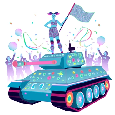 A tank girl with vibrant hair styled in pigtails is wearing a colorful, patterned outfit adorned with sequins and beads. She stands confidently atop a large, decorated tank that is painted with bright colors and intricate designs, featuring floral patterns and festive motifs. Surrounding the tank are colorful streamers and balloons that flutter in the breeze. The scene is filled with energetic carnival atmosphere, with crowds of enthusiastic spectators cheering and waving flags, while confetti rains down from overhead. The tank girl is smiling widely, engaging with the audience, and holding a large sparkling flag in one hand.