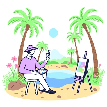 An artist is sitting on a small stool, painting at an easel in a desert oasis. The scene features tall palm trees framing the oasis, their fronds swaying gently. In the center of the image, a clear pool of water reflects the blue sky above. The artist, wearing a wide-brimmed hat and a light-colored shirt, holds a watercolor brush in one hand and a palette filled with colors in the other. Surrounding the artist, there are vibrant wildflowers blooming along the bank of the oasis. The sandy ground is scattered with small rocks and pebbles, creating a natural texture. On the easel, a partially completed painting depicts the lush greenery and tranquil water of the oasis.