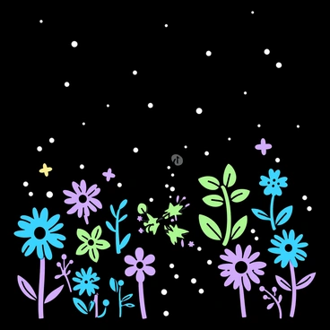 A garden filled with various plants and flowers, all glowing softly in the dark. The plants exhibit shades of blue, green, and purple light. Some flowers have delicate petals, while others have broad leaves, creating a contrast in shapes. A winding path runs through the garden, illuminated by the gentle glow of the bioluminescent flora. The sky above is dark, highlighting the vibrant illumination of the garden below.