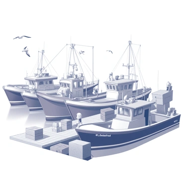 A lively fishing harbor filled with various boats docked at the water's edge. Each boat varies in size and shape, with some featuring nets and fishing gear visibly secured on board. Seagulls are flying overhead, their wings outstretched as they glide through the air. The harbor is bustling with activity, with fishermen sorting their catch on the wooden pier and crates stacked neatly nearby. The water reflects the outlines of the boats and the surrounding structures, creating a dynamic scene.