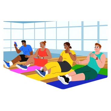 A group of four people is performing standing side crunches in a modern gym. The gym features large windows that allow natural light to flood the space, highlighting the bright, colorful gym equipment. Each person is in a different athletic outfit, showcasing various colors such as blue, red, yellow, and green. The floor is a polished hardwood, and fitness mats are rolled out in bright shades. The individuals are focused, with one person on the left holding a water bottle, while another on the right is glancing at their smartwatch.