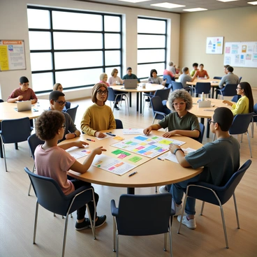 A spacious community center with large windows allowing natural light to pour in. Several round tables are arranged throughout the room, each occupied by groups of locals engaged in discussion. On one table, a large printed business model canvas is spread out, covered in colorful sticky notes and handwritten ideas. Individuals of diverse backgrounds, including a middle-aged man with glasses, a young woman with curly hair, and an older woman with a bright scarf, are actively collaborating, pointing at different sections of the canvas. Various tools like markers, flip charts, and laptops are scattered on the tables. In the background, a bulletin board displays flyers and announcements for upcoming community events. The atmosphere is lively and focused, filled with the energy of collaboration.
