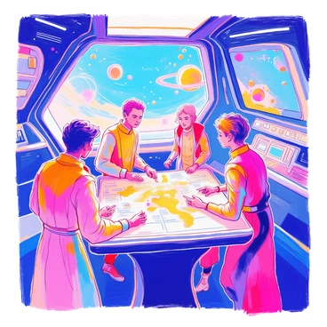 A diverse crew of aliens and humans is gathered aboard a sleek spaceship. The crew consists of three humans with different skin tones and hair types, interacting with two aliens with vibrant colors and distinct features, showcasing their unique characteristics. They are standing around a large, glowing holographic map that displays various celestial bodies and star systems. The spaceship's interior is filled with futuristic control panels and soft, ambient lighting. Each crew member appears engaged, pointing at different locations on the map while discussing their findings.