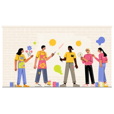 Artists collaborating on a large mural for a community art project