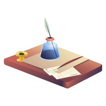 A traditional ink bottle and quill set on a classic wooden desk