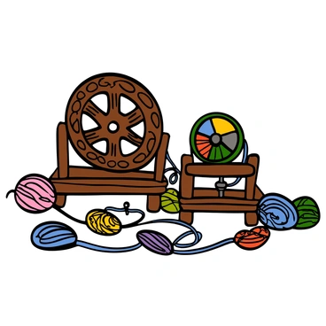 A traditional spinning wheel made of wood with intricate carvings, featuring a large circular wheel and a spindle. It is displayed alongside a second spinning wheel, which is slightly smaller and made of bamboo, showcasing a simple yet elegant design. A third spinning wheel, adorned with colorful fabric and a decorative pattern, complements the other two. The wheels are arranged in a semi-circle, creating a harmonious display of craftsmanship from different cultures. Surrounding the wheels are various types of yarn in vibrant colors, emphasizing the artistry of textile creation.