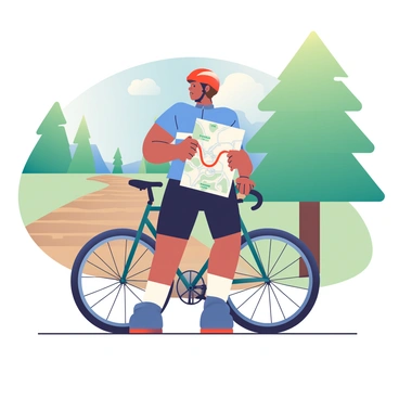 A cyclist with medium skin and short brown hair is standing next to a mountain bike, holding a folded map in one hand. The cyclist is wearing a bright red helmet and a blue cycling jersey with black shorts. In the background, there are tall green trees and a rugged dirt trail leading into the distance. Sunlight filters through the leaves, casting dappled shadows on the ground. The map features a detailed trail route marked with a red line and some points of interest highlighted. The cyclist appears focused and ready to embark on the adventure ahead.