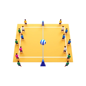 A bird’s-eye 3D view of a volleyball court featuring a sandy surface. The court is marked with white boundary lines that define the playing area. There are two teams of players, each wearing distinct colored uniforms. One team is positioned on the left side of the court, consisting of players ready for serve and ready to receive. The other team is on the right side, with players strategically placed for defense. The volleyball net stretches across the center of the court, with the ball hovering above it, indicating an active play scenario. The scene captures the dynamic layout and positioning of the players.