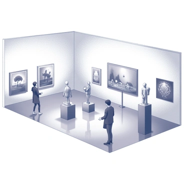 An art gallery interior featuring a spacious, well-lit layout. On the walls, various paintings creatively depict different conjunctions, each artwork showcasing unique interpretations and symbols. In the center of the room, several sculptures are displayed on pedestals, each representing a specific conjunction with abstract forms and intricate designs. Visitors mill about, observing the artworks with curiosity and engagement. The gallery's flooring is polished, reflecting the light from the overhead fixtures, creating a welcoming atmosphere for art appreciation.