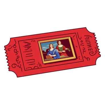 A red museum admission ticket features intricate, swirling designs that create artistic patterns across its surface. Prominently displayed on the ticket is a reproduction of a famous painting, with vibrant colors capturing the essence of the work. The ticket's edges are adorned with delicate, ornate details, enhancing its sophisticated appearance. The painting depicted reflects a well-known masterpiece, drawing the viewer's eye immediately. Overall, the ticket presents a refined and elegant look, inviting visitors to explore the museum's offerings.