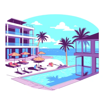 A luxurious beach resort with expansive balconies overlooking the sparkling waters of the Red Sea. The resort features large glass doors that open to a view of the ocean. Palm trees gently sway in the breeze, casting shadows on the white sandy beach below. Lounge chairs with vibrant cushions are placed along the beach, and there are wooden umbrellas providing shade. A few guests are relaxing by the infinity pool, which has a stunning view of the sea. The sky is clear with a few fluffy clouds scattered across.